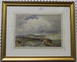 J B Noel, "Gathering turf" landscape with figures, watercolour painting, signed and dated 1909, 25cm