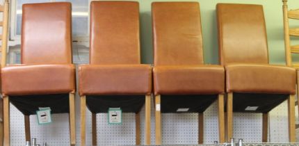 Four modern tan leather high back dining chairs