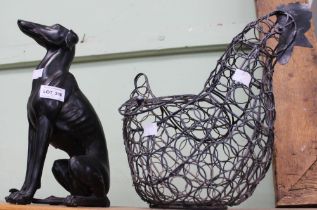 A modern Libra figure of seated lurcher together with a wire chicken egg basket