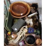 A box containing a selection of vintage collectables, paperweights, etc