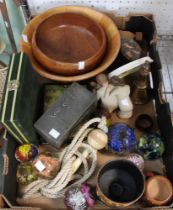 A box containing a selection of vintage collectables, paperweights, etc