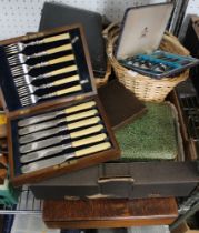 An oak canteen box, partially filled with plated cutlery and a quantity of loose cutlery various