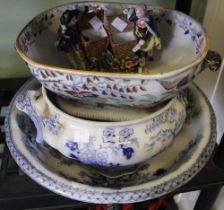 A quantity of ceramics, includes a pair of continental figurines, wash bowl, pair of plates and two