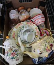 A box containing a selection of good quality china, including teapots, etc