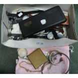 A box of mixed watches together with a technical drawing set & a small pink bag of costume jewellery