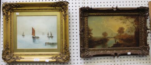 A possible 19th century watercolour of sailing boats, together with possible 19th century oil on boa