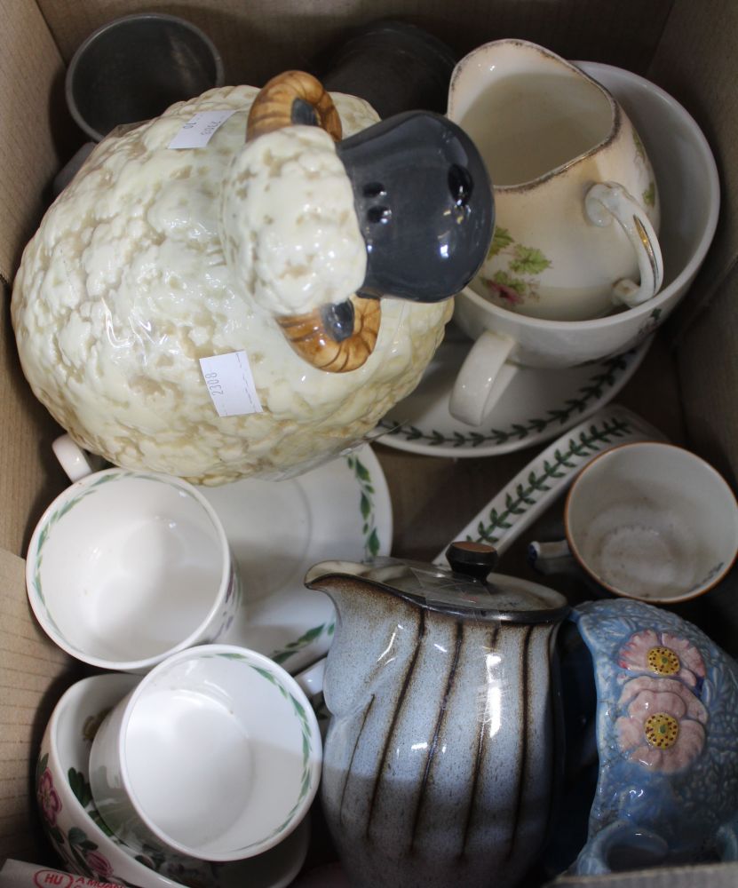 A box containing a selection of domestic china, including a sheep, Portmerion ware, etc