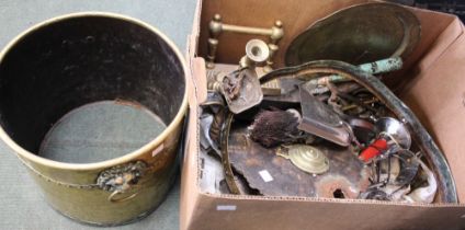 A box containing a quantity of metalwares, fireside tools, etc