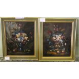 A pair of "Still Life" oil paintings on board, vases of flowers, monogrammed, 16cm x 13cm, framed (2