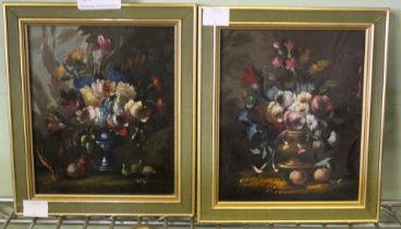 A pair of "Still Life" oil paintings on board, vases of flowers, monogrammed, 16cm x 13cm, framed (2