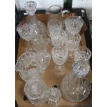 A pair of cut glass decanters with mushroom stoppers and other table glass