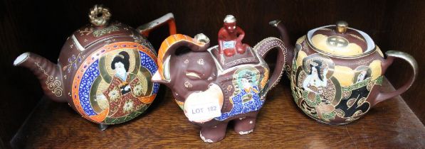 Three Japanese Satsuma decorated ceramic teapots, one in the form of an Elephant (3)