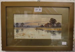 Robert Winter, "Fenland Scene" watercolour painting, signed, 13cm x 25cm, gilt framed mounted and gl