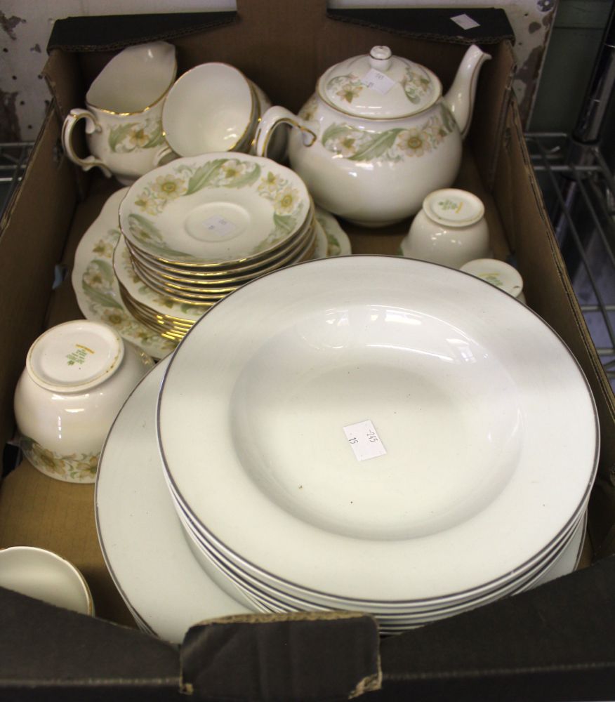 A box containing a selection of Dutchess Greensleeves bone china