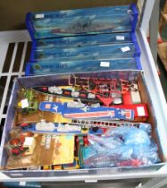 A box containing a number of playworn vehicles to include Matchbox ships together with six Horby Min