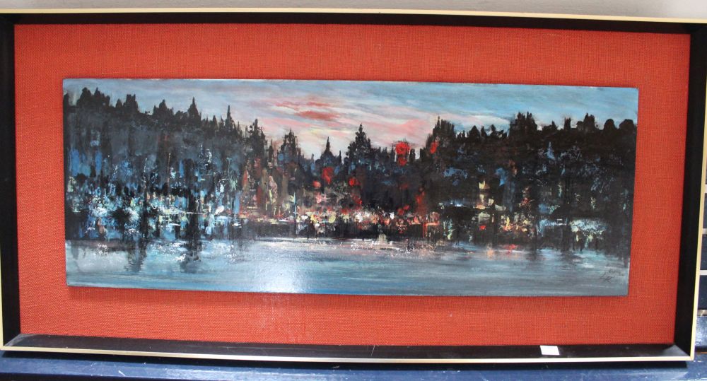 L Kingwood, "Harbour Lights" extensive waterside landscape, oil painting on board, monogrammed LK, 2