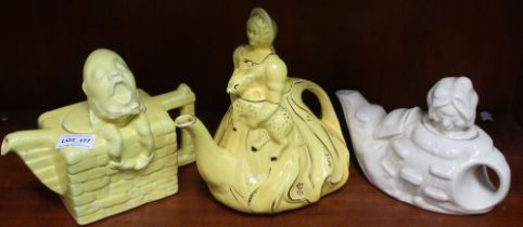 Three nursery rhyme moulded pottery teapots, includes, Humpty Dumpty, Bah Bah Black Sheep and the Ol