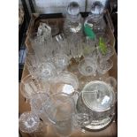 A box containing a good selection of vintage glassware, decanters, biscuit barrell, etc