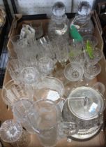 A box containing a good selection of vintage glassware, decanters, biscuit barrell, etc