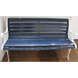 A well weathered garden seat with metal ends & wooden slats