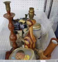 A box containing wooden lamp, candlestick, candles in glass holders & a small assortment of marbles