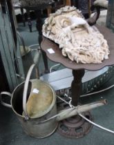 A vintage garden galvanised watering can, together with a cast metal bird bath & a green man plaque