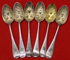 Six silver Berry design tea spoons, embossed bowls, some with remains of gilding, some Edinburgh mar