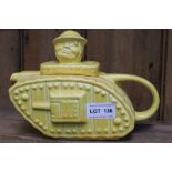 A "Sadler" pottery teapot modelled as a First World War tank, with "Old Bill" type character lid kno