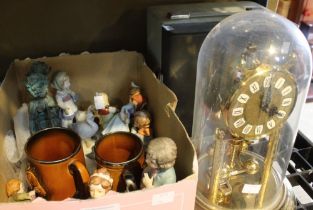 A box containing a selection of ceramic figurines etc plus an anniversary clock and a vintage