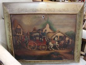 A wall mounted locking cabinet with painted decoration of a coaching scene