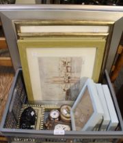 A box containing signed prints, frames, decorative box etc