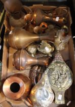 A box containing a good selection of copper jugs, brass bellows etc