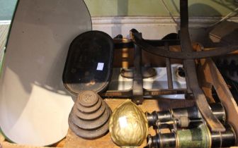 A set of Avery balance scales, weights, pair of binoculars, brass nut form nutcrack etc