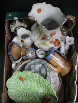 A collection of miscellaneous ceramic wares includes a Cameo ware cased clock, Crown Devon salad lea