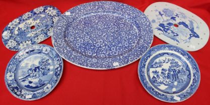 A quantity of blue and white transfer decorated wares, including a meat dish, "Pompadour" pattern, t