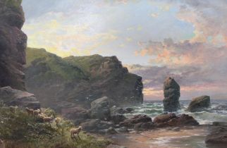 George Henry Jenkins (1843-1914) "Rocky Coastal Scene", sheep on the foreshore, oil painting on canv