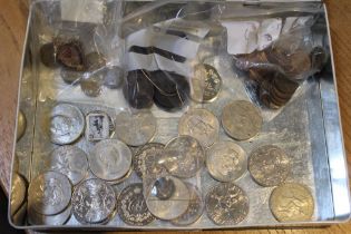 A tin of 9 x 3d's 1946 & 1949, bag of old copper & some new, some crowns & a fob