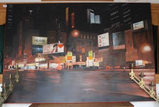 John F McCann "Metrophobia" City scene at night, oil painting on canvas, inscribed, unframed 102cm x