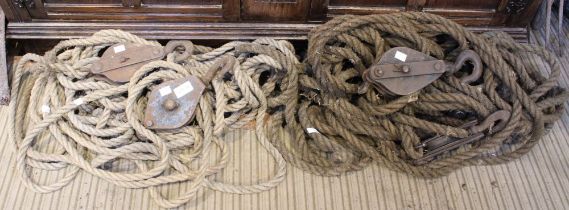 Two sets of vintage rope block and tackles