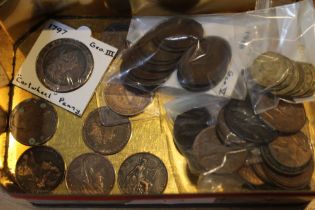 An old tin containing pennies, 2 x 1864, 1797 examples, 3d coins in a bag & a bag of coppers