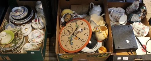 Three boxes containing a selection of porcelain and china to include an art deco style Wade milk jug