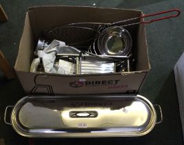 A quantity of stainless steel kitchen wares, includes fish kettle, Balti dishes etc