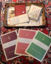 A box containing a selection of stamps, albums, autograph album, art portfolios etc