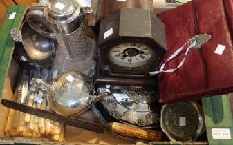 A box containing a good selection of silver plated items including a claret jug plus two man