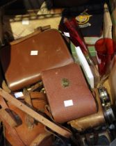 A tray box containing binoculars, Victorian photos and other collectible items