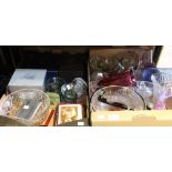 Two boxes containing a wide selection of glass and other items to include a Murano style dog