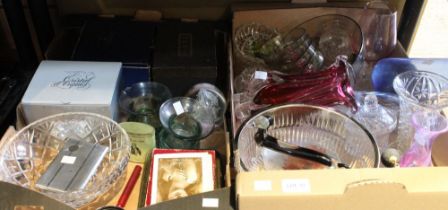 Two boxes containing a wide selection of glass and other items to include a Murano style dog