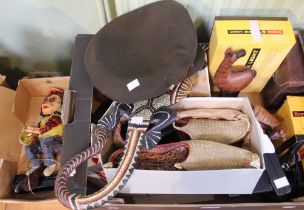 A box containing a selection of interesting collectibles to include a military cap, camera items etc