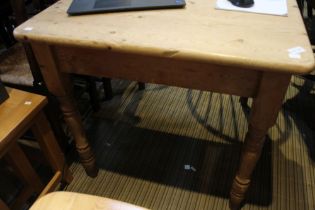 An old square pine kitchen table on turned legs 84 x 79 x 77 cm