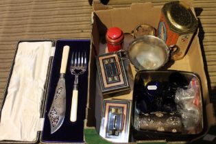 A box containing glass liners, fabric lined jewellery box, knife & fork set & an assortment of boxes